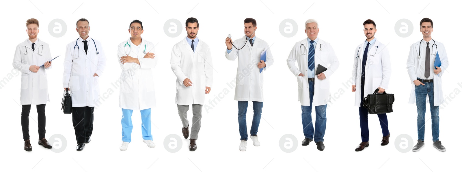 Image of Collage with photos of doctors on white background. Banner design