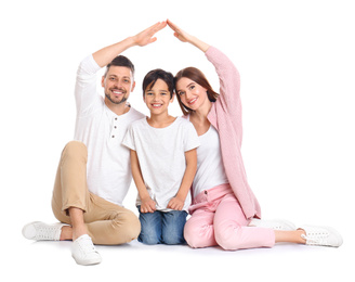 Photo of Happy family forming roof with their hands on white background. Insurance concept