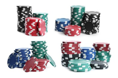Image of Set with stacks of different casino chips on white background. Poker game