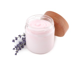 Jar of hand cream and lavender on white background