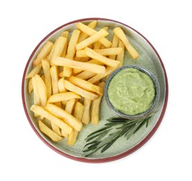 Photo of Plate with delicious french fries, avocado dip and rosemary isolated on white, top view