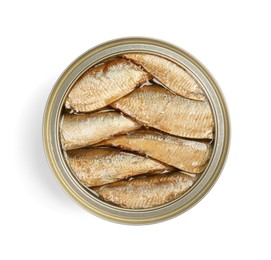 One tin can of sprats isolated on white, top view