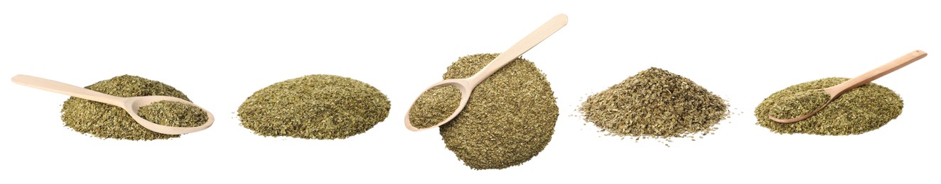 Image of Set with yerba mate leaf mix on white background. Banner design