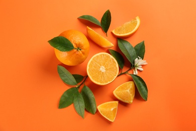Photo of Delicious oranges on color background, flat lay