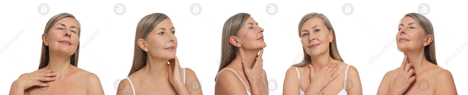 Image of Woman touching her neck on white background, set of photos