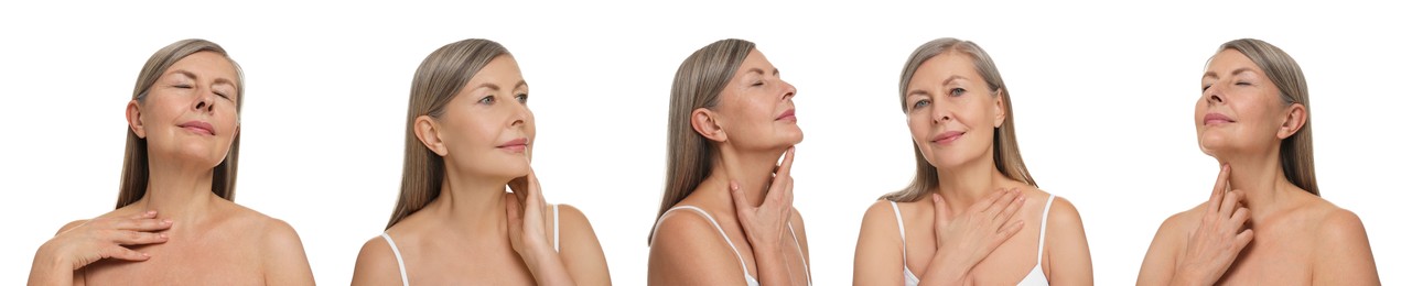 Woman touching her neck on white background, set of photos