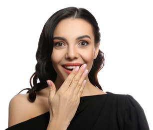 Photo of Portrait of surprised woman on white background