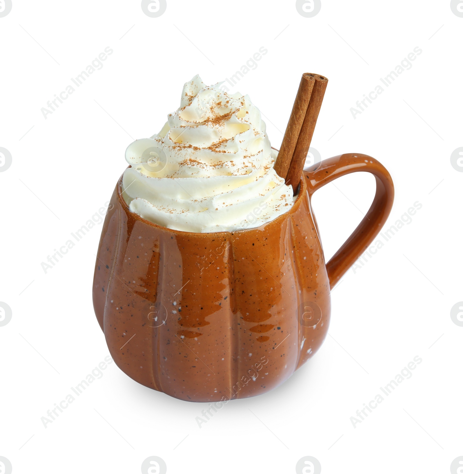 Photo of Mug of pumpkin spice latte with whipped cream and cinnamon stick isolated on white