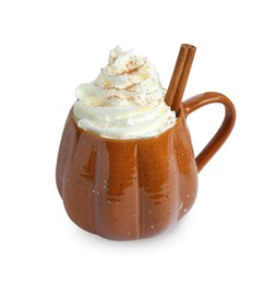 Photo of Mug of pumpkin spice latte with whipped cream and cinnamon stick isolated on white