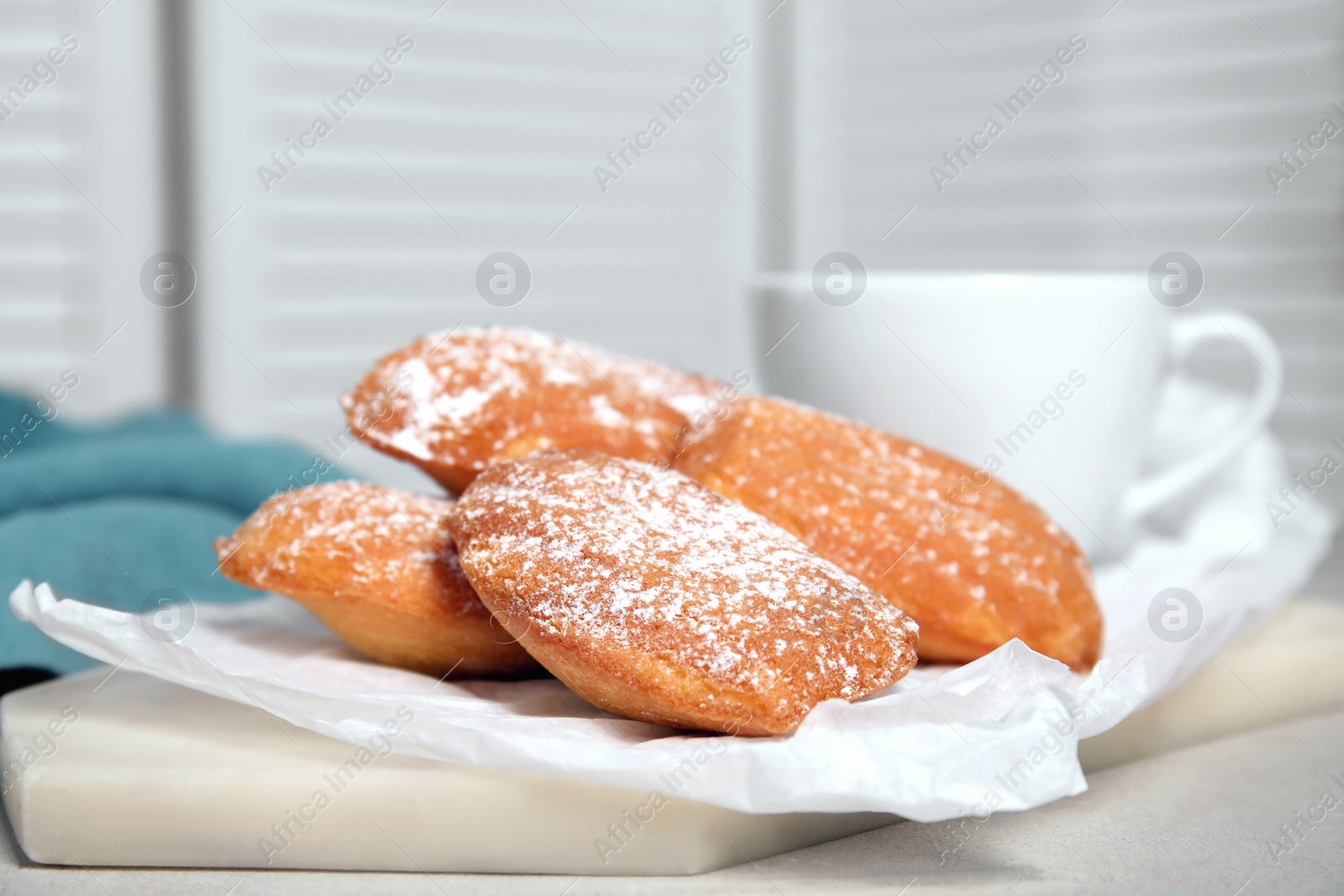 Photo of Delicious madeleine cakes with powdered sugar on light grey table. Space for text