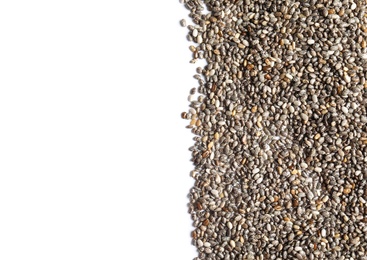 Photo of Chia seeds isolated on white, top view