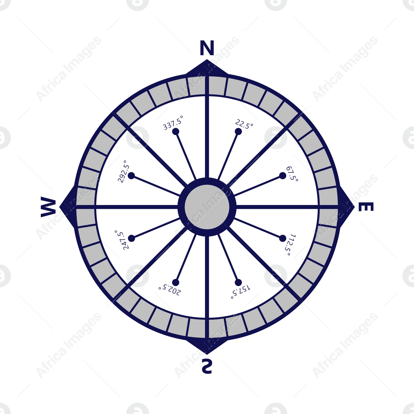 Illustration of Compass rose with four cardinal directions - North, East, South, West on white background. Illustration