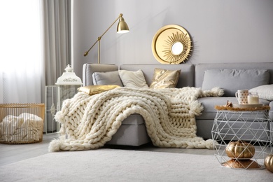 Photo of Cozy living room interior with knitted blanket on comfortable sofa
