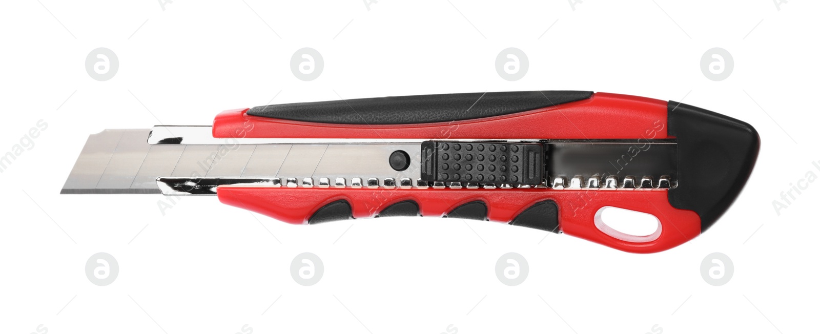 Photo of Red utility knife isolated on white. Construction tool