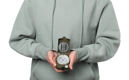 Photo of Woman holding compass on white background, closeup