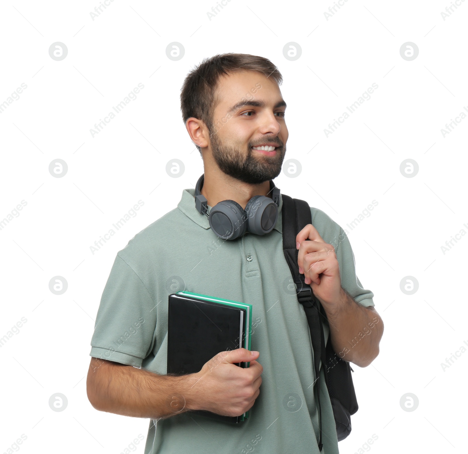 Photo of Student with headphones, backpack and books on white background