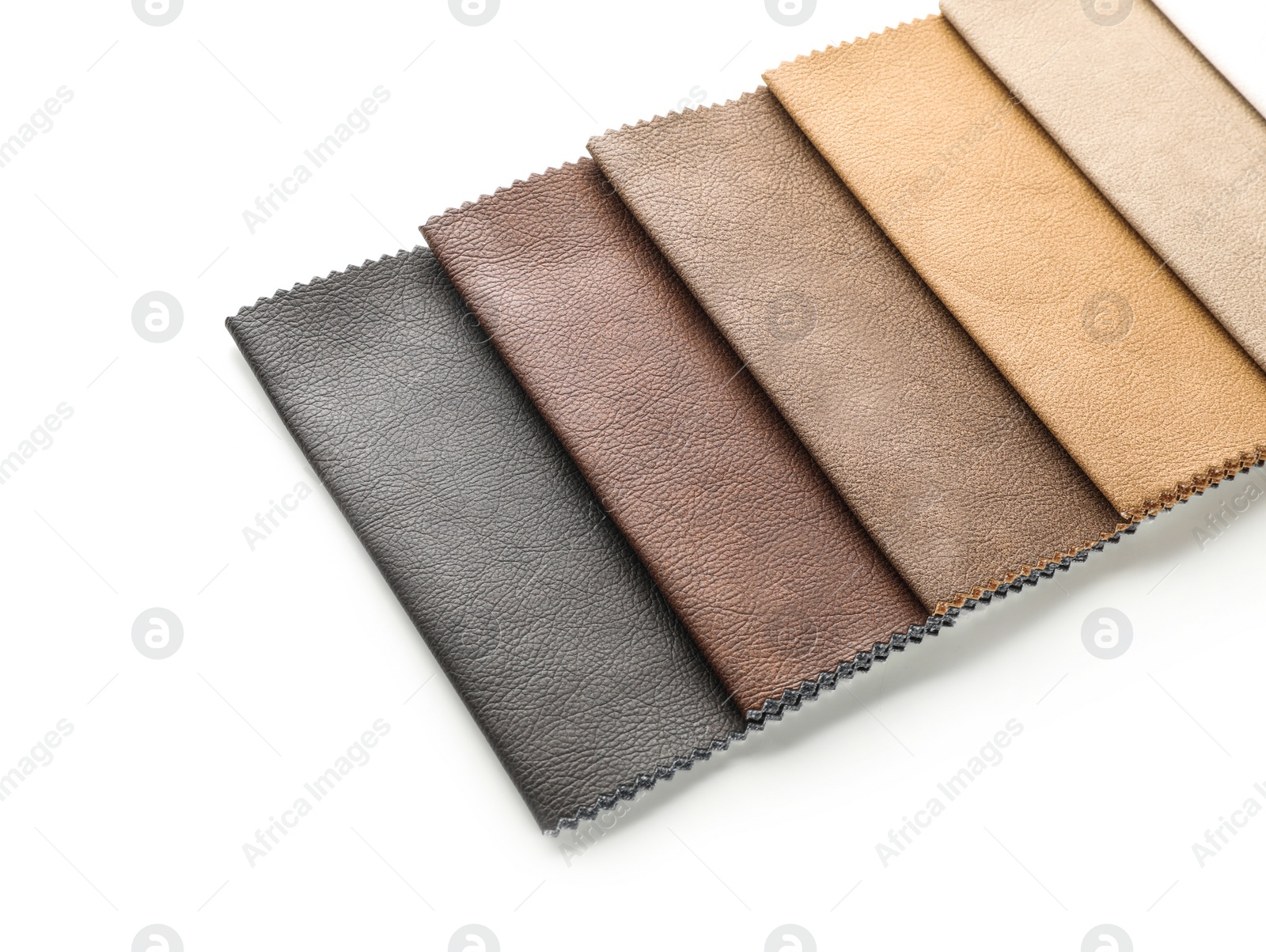 Photo of Leather samples of different colors for interior design on white background