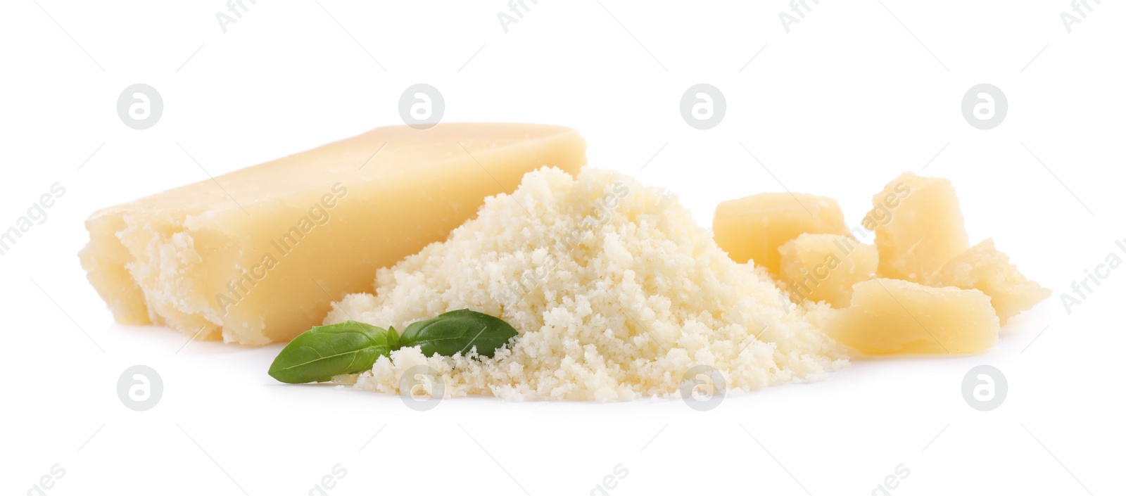 Photo of Delicious grated parmesan cheese on white background