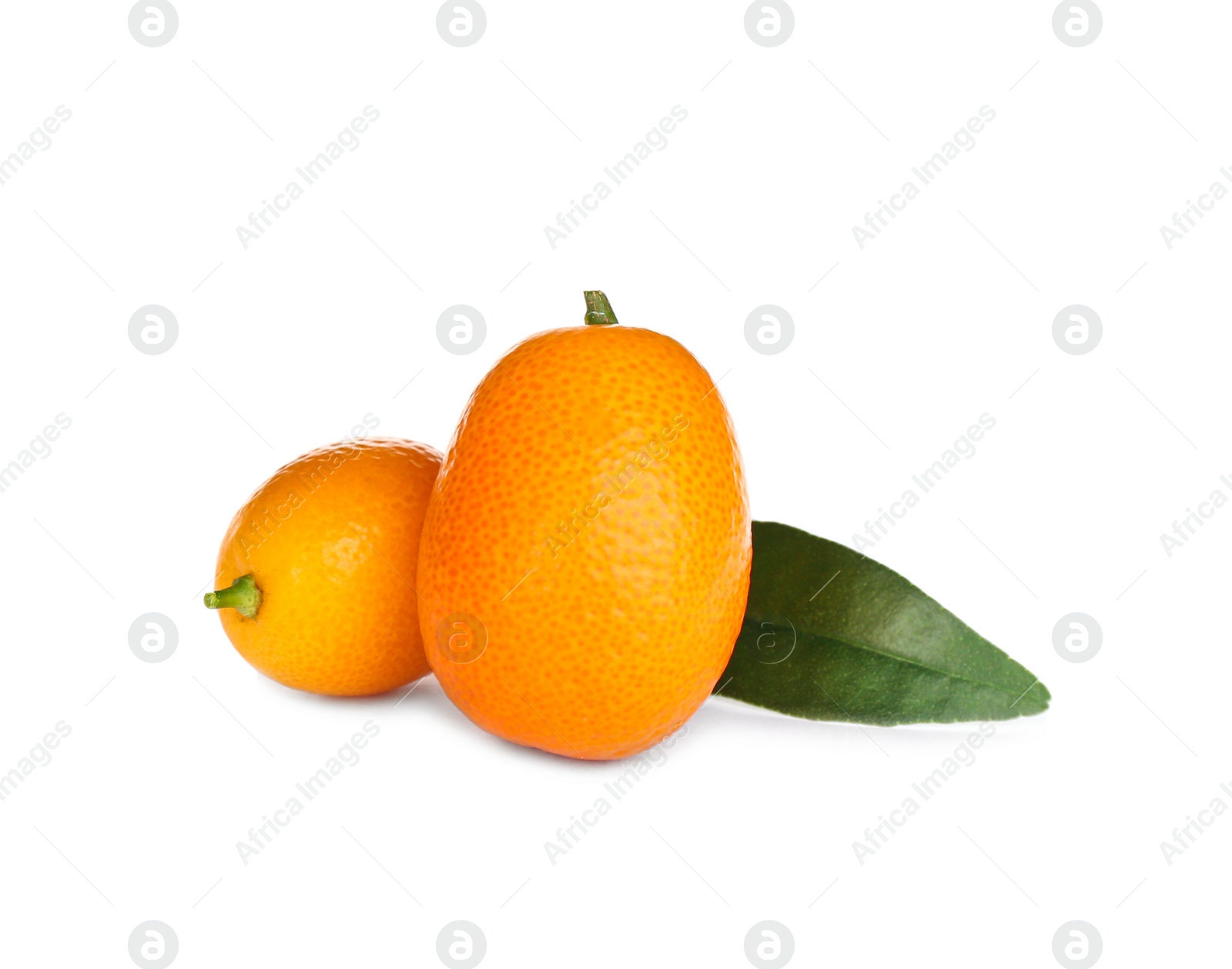 Photo of Fresh ripe kumquats with leaves on white background. Exotic fruit