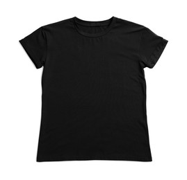 Stylish black t-shirt on white background, top view