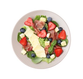 Tasty salad with brie cheese, prosciutto and berries isolated on white, top view