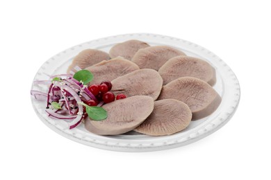 Photo of Tasty beef tongue pieces, berries and red onion isolated on white