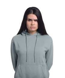 Sadness. Unhappy woman in hoodie on white background
