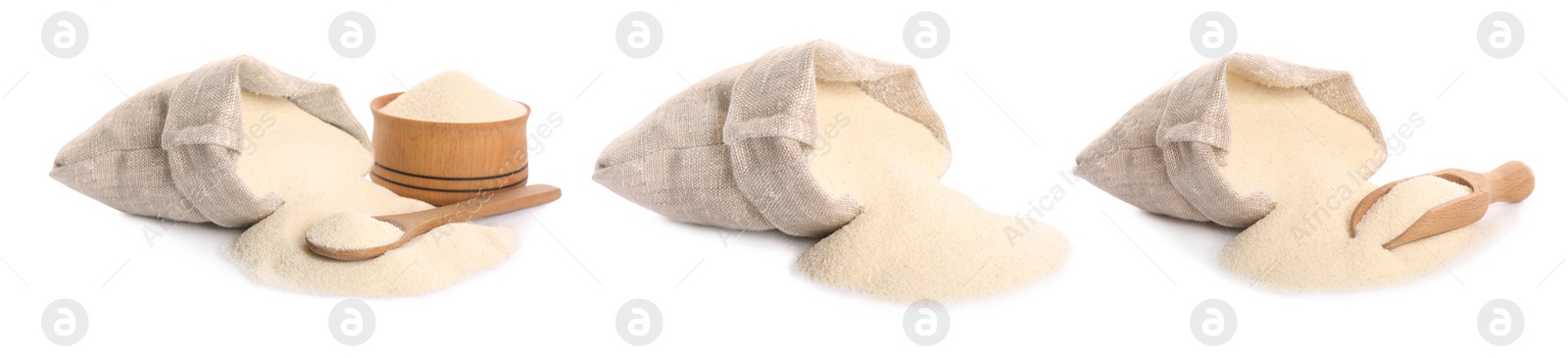 Image of Set with uncooked organic semolina on white background. Banner design