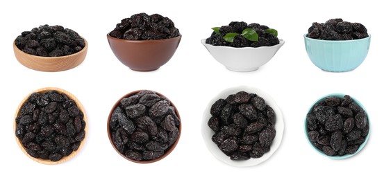 Image of Set with sweet dried prunes on white background. Banner design