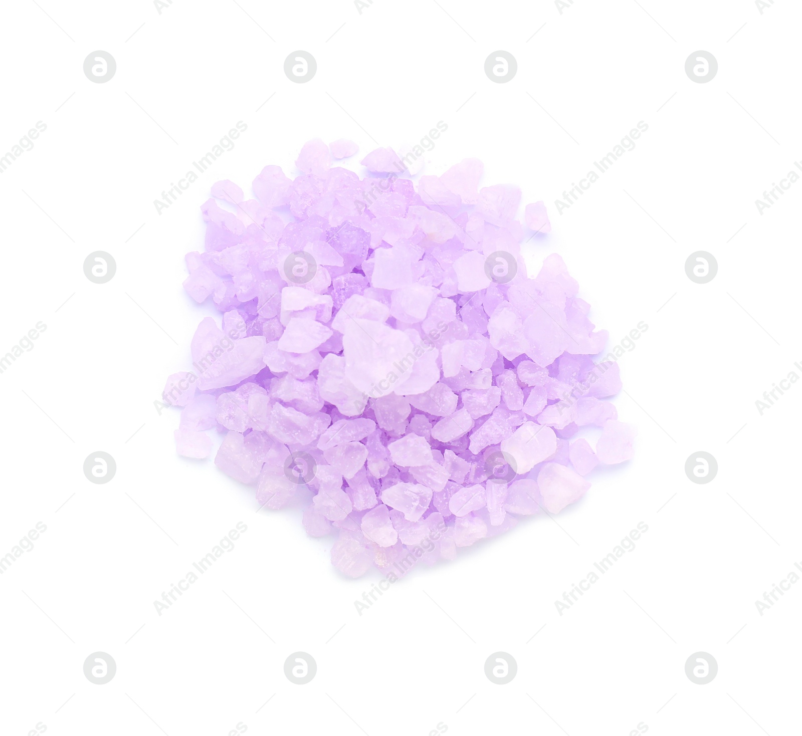 Photo of Heap of violet sea salt isolated on white, top view