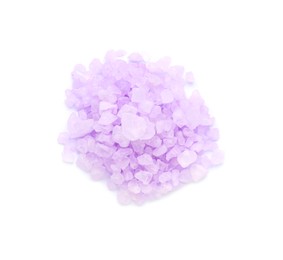 Photo of Heap of violet sea salt isolated on white, top view