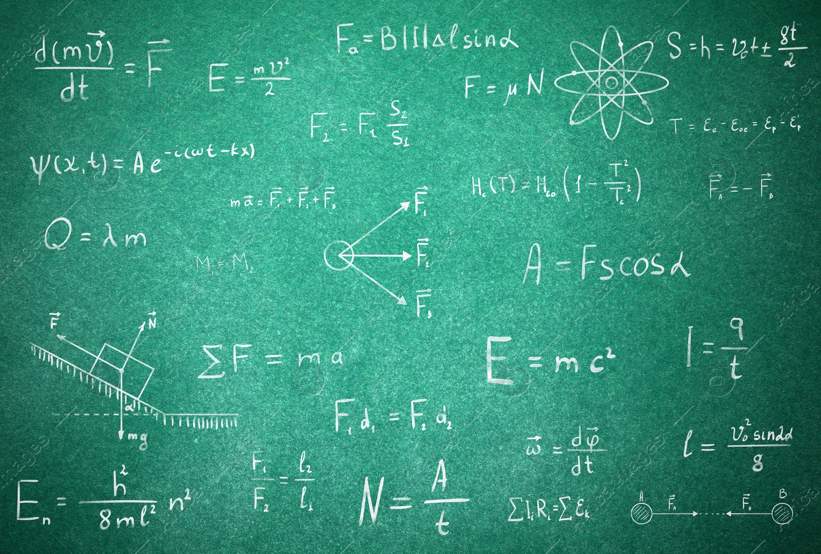 Illustration of Many different physics formulas written on blackboard