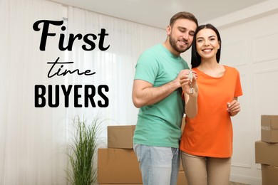 Image of First-time buyer. Happy young couple with key in their new house