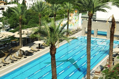 Photo of Outdoor swimming pool and tropical plants at luxury resort on sunny day