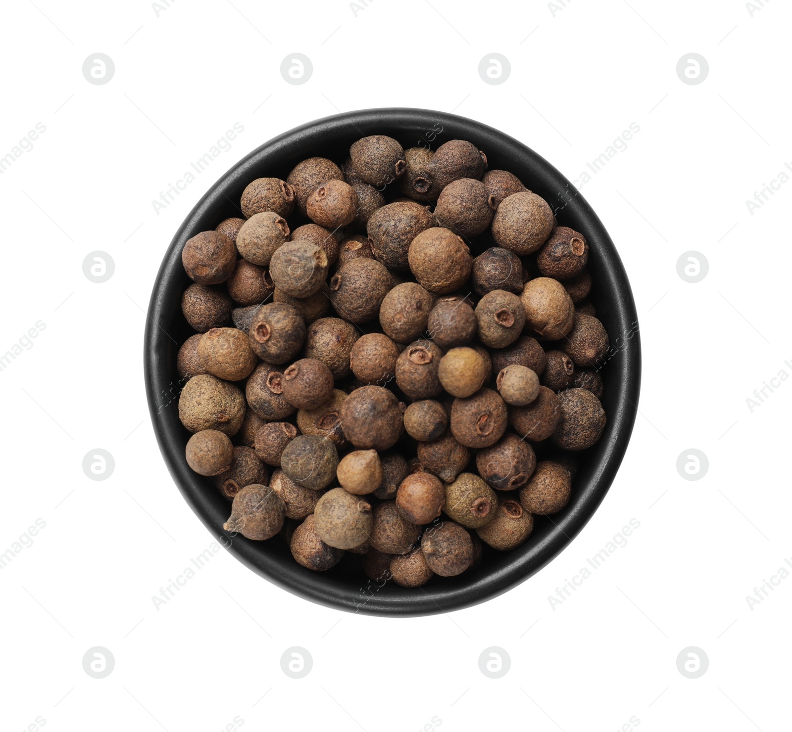 Photo of Dry allspice berries (Jamaica pepper) in bowl isolated on white, top view