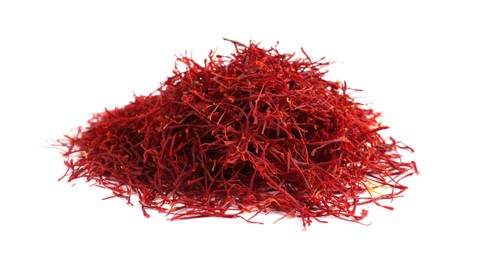 Photo of Heap of aromatic saffron on white background