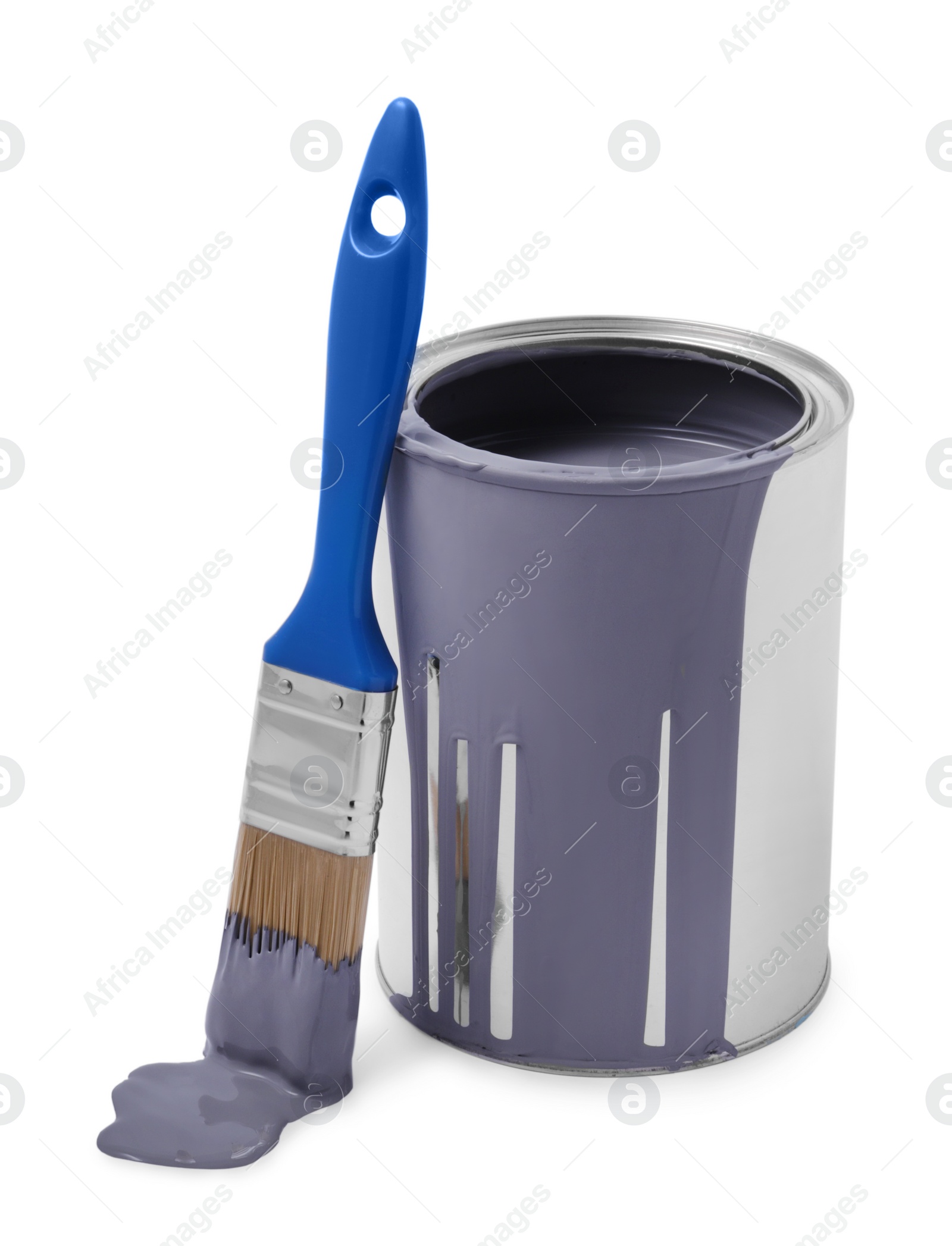 Photo of Can with grey paint and brush on white background