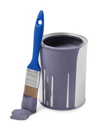 Photo of Can with grey paint and brush on white background