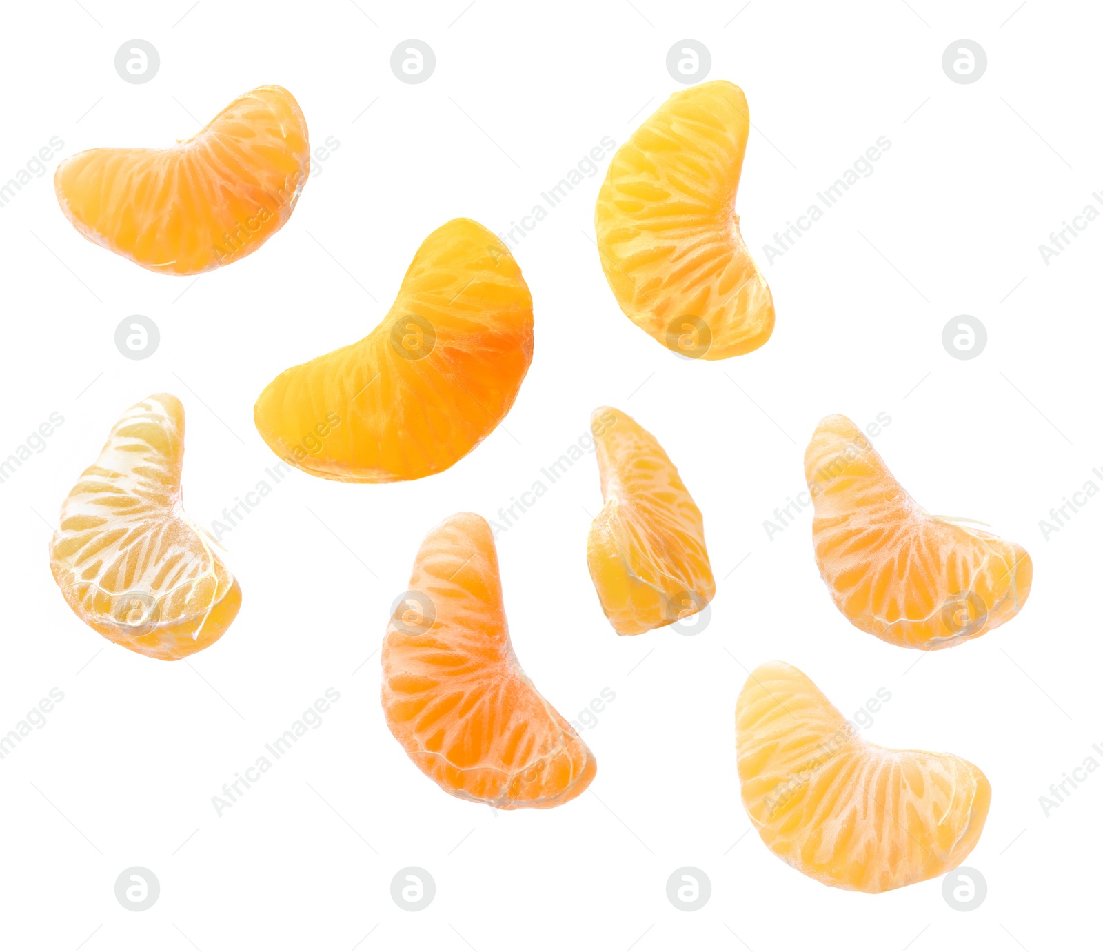 Image of Set with pieces of fresh ripe tangerine on white background