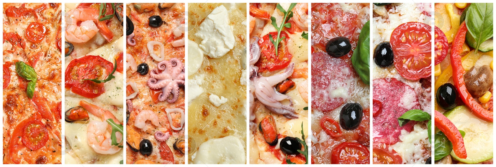Image of Collage with different pizzas, closeup view. Banner design 
