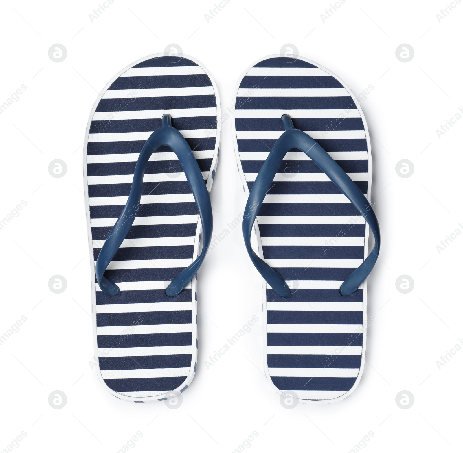 Photo of Pair of striped flip flops on white background, top view