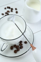 Photo of Mini mixer (milk frother), whipped milk and coffee beans on white wooden table, closeup