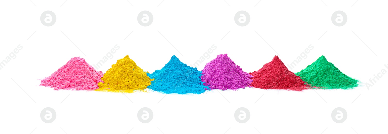 Photo of Colorful powder dyes on white background. Holi festival