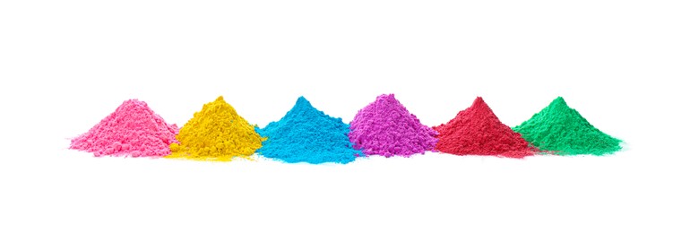 Photo of Colorful powder dyes on white background. Holi festival