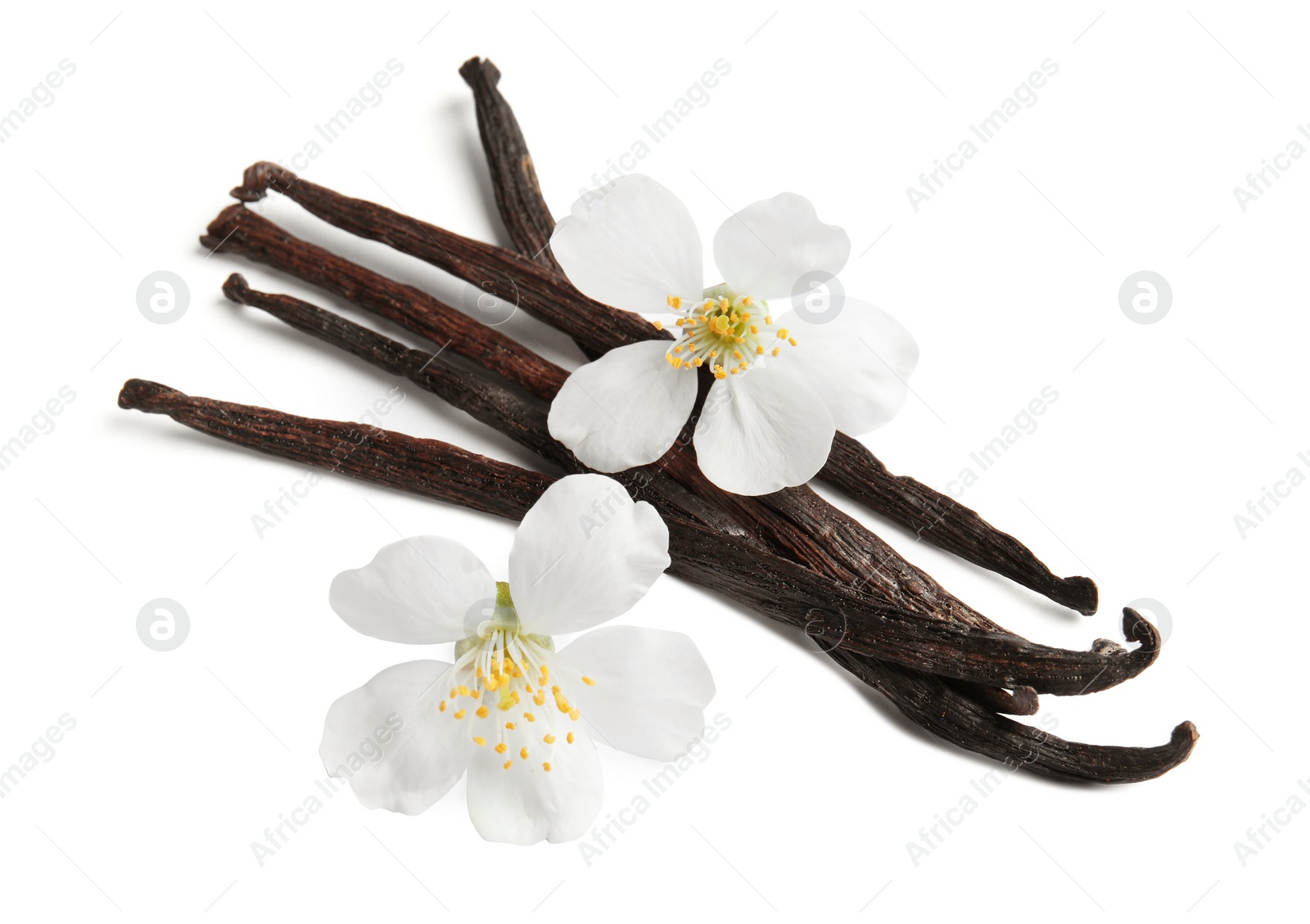 Photo of Aromatic vanilla sticks and flowers on white background