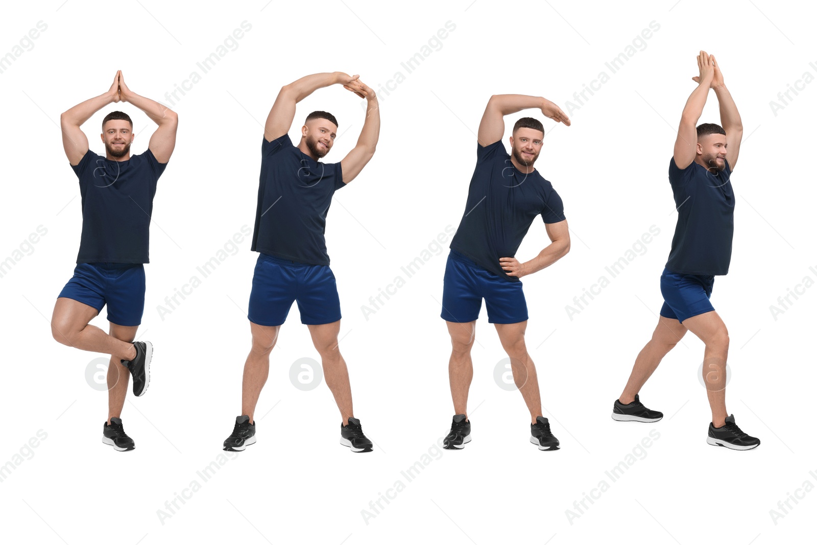 Image of Young man doing morning exercises on white background, collage design