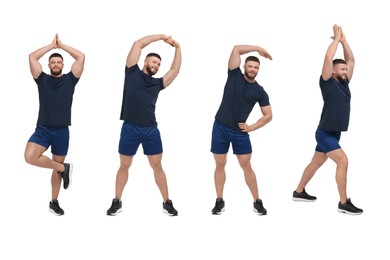 Image of Young man doing morning exercises on white background, collage design