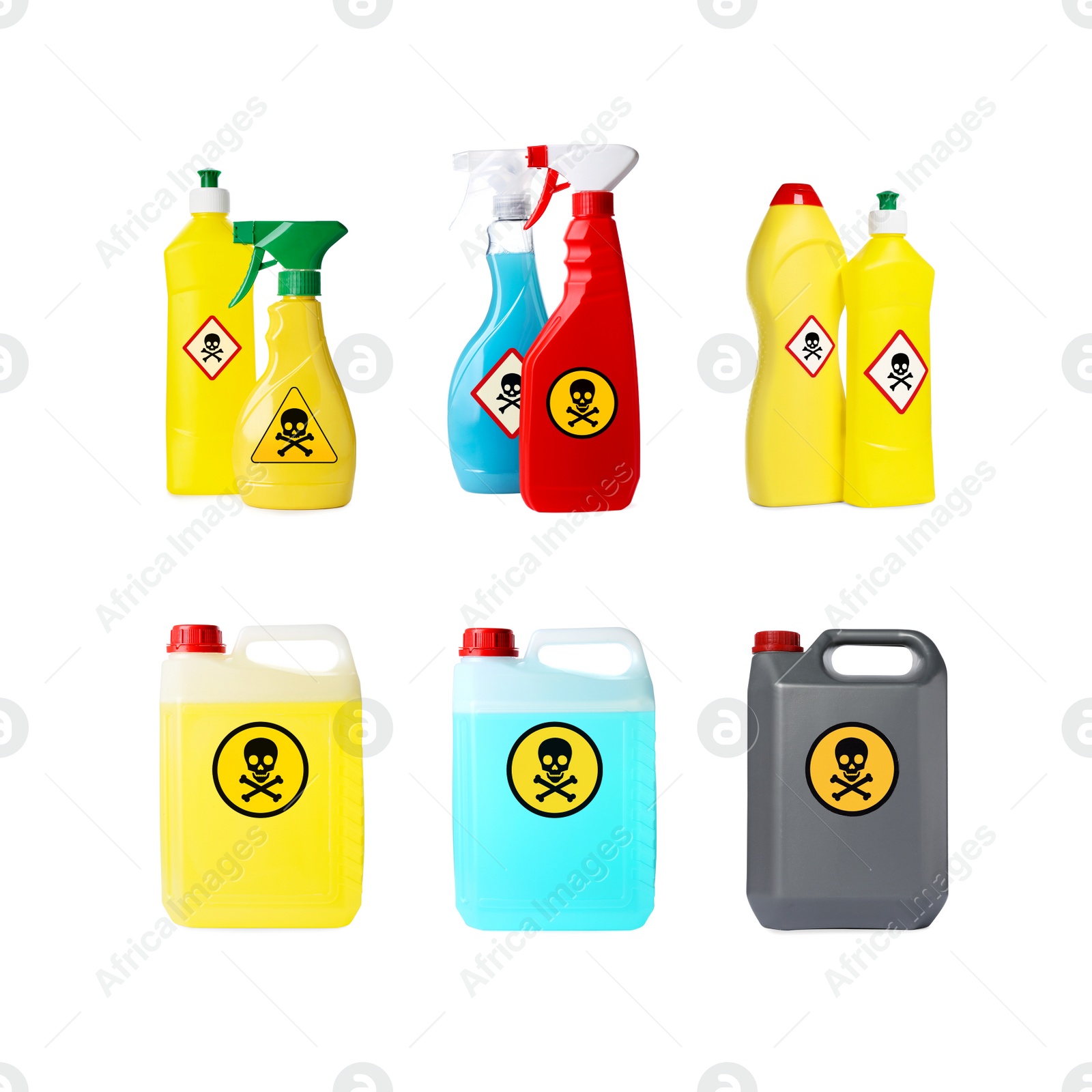 Image of Set with different toxic household chemicals with warning signs on white background