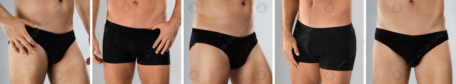 Image of Collage with photos of man wearing underwear on light grey background, closeup. Banner design