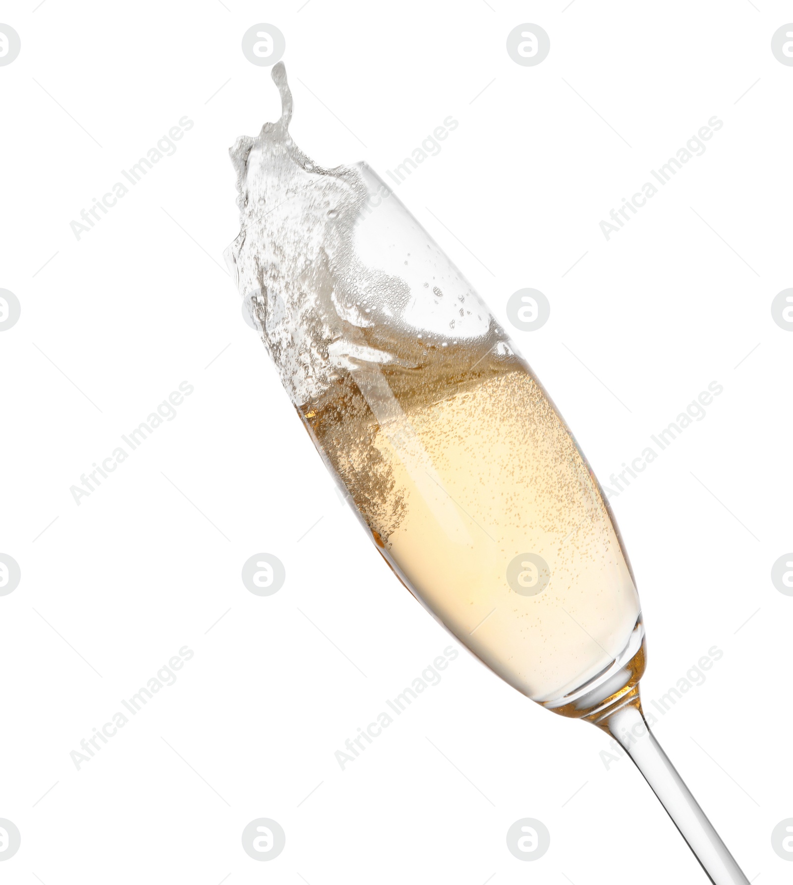 Photo of Glass of champagne on white background. Festive drink